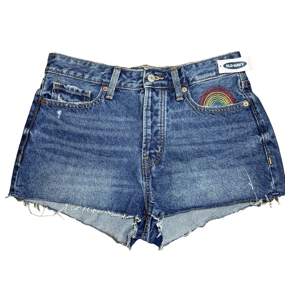 Old Navy Pants - Old Navy NWT High Rise OG Shorts Women’s Size 6 Cutoff Hem Rainbow Detail‎